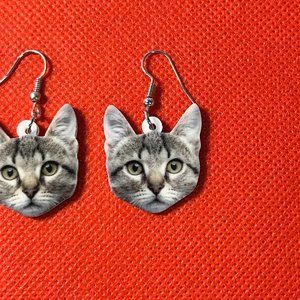 Acrylic Gray and White Cat Dangle Pierced French Hook Earrings